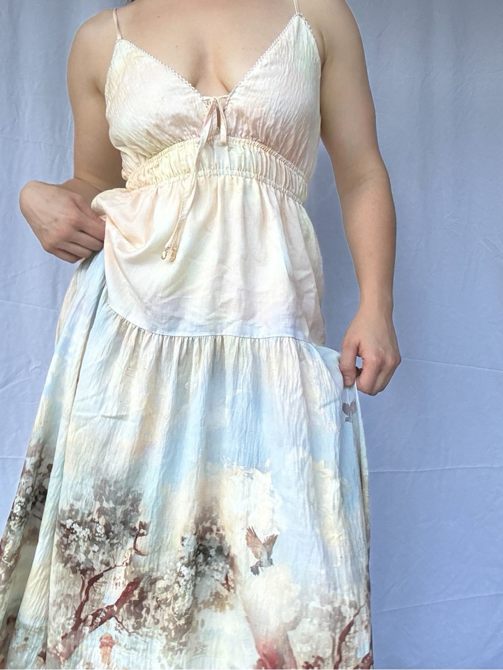 IRIS MAXI Pastoral Scenic Print Maxi Dress M Cottagecore Romantic Empire Waist - Picture 4 of 9